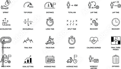 Schilderij op canvas Vector line icon set of football soccer athletic sprint tracking speed metrics r