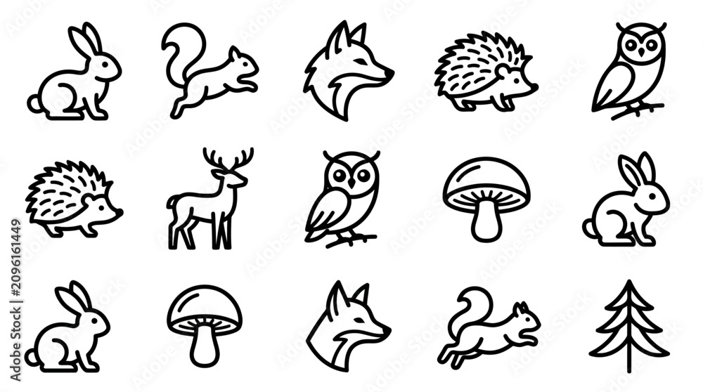 Obraz premium Cute Forest Animals and Nature Icons Set: Rabbit, Fox, Squirrel, Owl, Deer, Hedgehog, Mushroom, Tree
