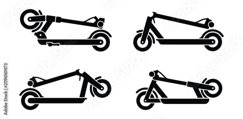 Set of black electric scooter icons showing folding mechanism and side view design