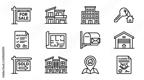 Canvastavla Real Estate Icons Set: House, For Sale, Sold, Mortgage, Blueprint, Key, Closing