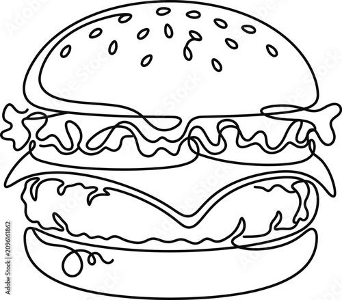Continuous single line drawing of a delicious cheeseburger.