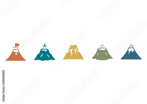 This colorful vector set features five minimalist flat icons depicting various states of volcanic mountains. Each icon uses a unique color palette—ranging from warm terracotta and golden yellow to coo