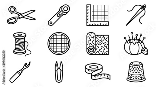 Foto Sewing and Quilting Tools Icons: Scissors, Rotary Cutter, Measuring Tools, Threa