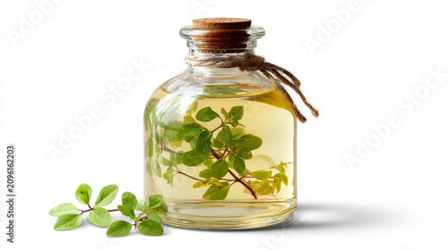 Clear glass jar filled with herbal tea and vibrant green leaves set against a clean white backdrop
