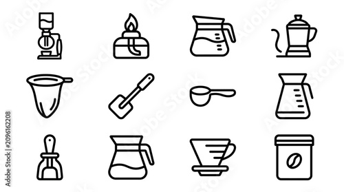 Foto Coffee Brewing Equipment Icons: Pour Over, Grinder, Kettle, Filter, Scoop, Jar