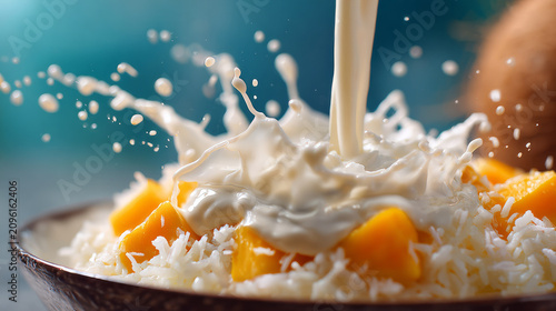 Refreshing bowl of coconut rice garnished with ripe mango and creamy topping ideal for enjoying during the summer months