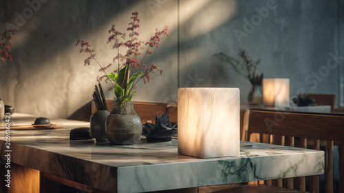 Elegant modern dining table decor with flowers and soft lighting in a contemporary restaurant setting