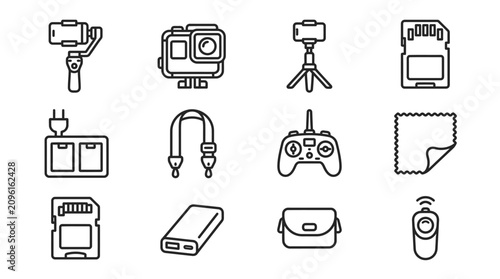 Tableau sur toile Action Camera Accessories Icon Set: Gimbal, GoPro, Tripod, SD Card, Power Bank,
