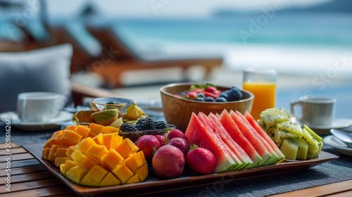 Refreshing beachside tropical fruit platter accompanied by cool beverages for a perfect summer day