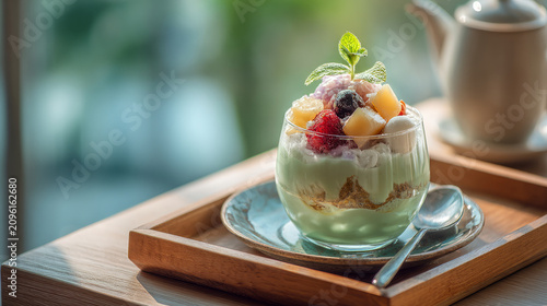 Tempting layered dessert featuring fresh fruits and creamy layers elegantly presented in a glass on a rustic wooden tray
