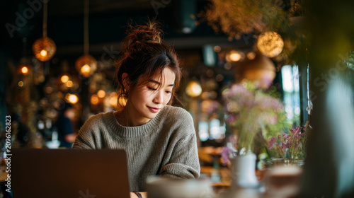 Young woman focused on her laptop in a cozy cafe featuring a warm atmosphere and lovely floral decorations