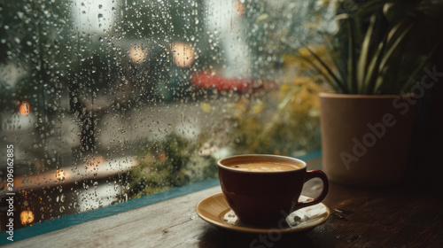 Enjoying a warm cup of coffee by the window while rain falls outside surrounded by the beauty of nature
