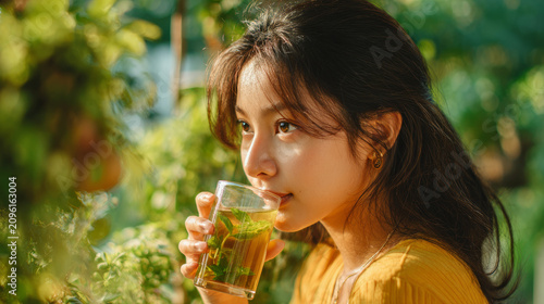 Young woman savoring a cool beverage amidst vibrant greenery under bright natural sunlight