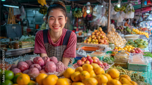 Joyful young woman offering fresh fruits at a lively market stand filled with colorful produce