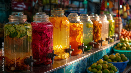 Vibrant selection of refreshing fruit infused drinks in glass jars displayed at a lively market stall