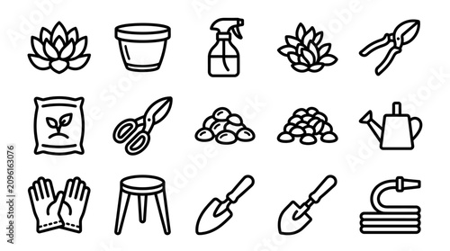 Foto Gardening Tools and Supplies Icon Set - Vector Illustration
