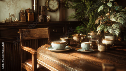 Charming afternoon tea arrangement featuring vintage cups and stylish decor illuminated by soft warm lighting