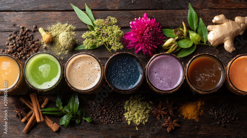 A colorful array of herbal tea infusions with spices and fresh ingredients on a rustic wooden surface