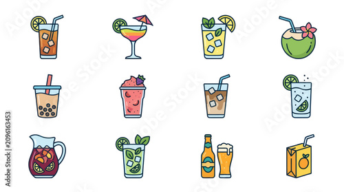 Tableau sur toile Variety of colorful drink illustrations.