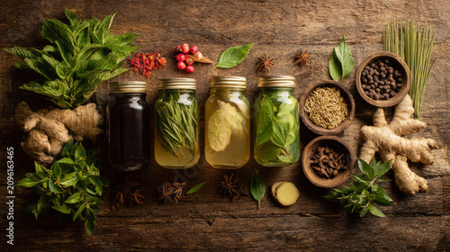 Fresh herbal infusions in glass jars surrounded by natural ingredients on a rustic wooden tabletop