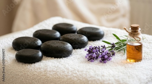 Relaxing spa scene with smooth black stones on a white towel and lavender oil bottle.