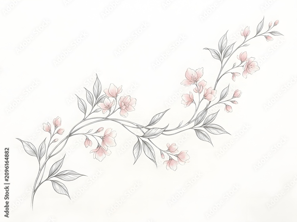 Obraz premium Delicate floral branch sketch with watercolor accents