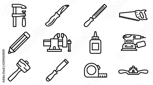 Fotografie Set of woodworking and DIY tools icons, flat design, isolated on white background