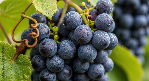 Fresh organic ripe dark blue grapes on the vine in a vineyard.