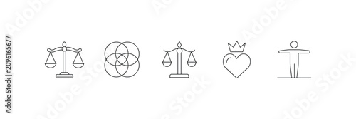 Photos Mental balance linear icon set featuring justice scales geometry crown heart and stability vector illustration