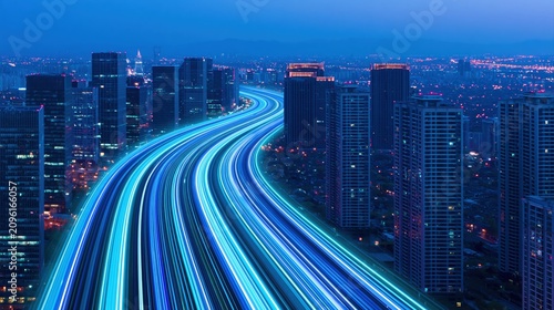 City night traffic with blue light trails on a modern urban high way in motion