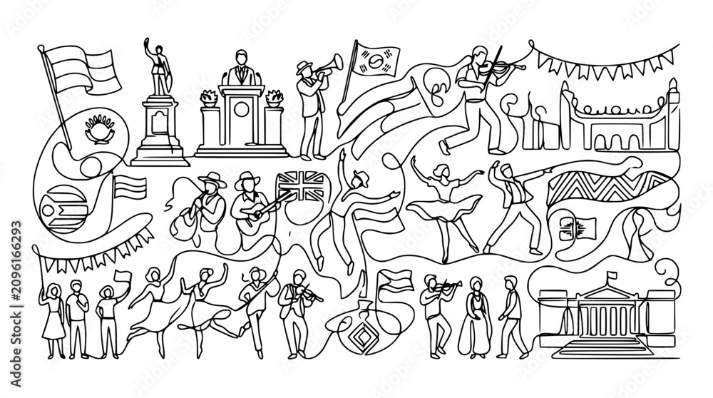 Fototapeta premium Celebration of Culture and Art: Line Art of Music, Dance, and National Symbols