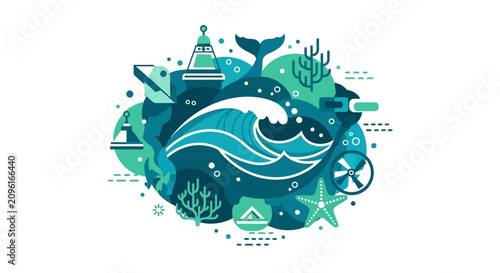 Ocean Environment Flat Vector Illustration with Waves, Whale Tail, and Marine Life. Sustainable Marine Energy and Maritime Ecosystem Concept.