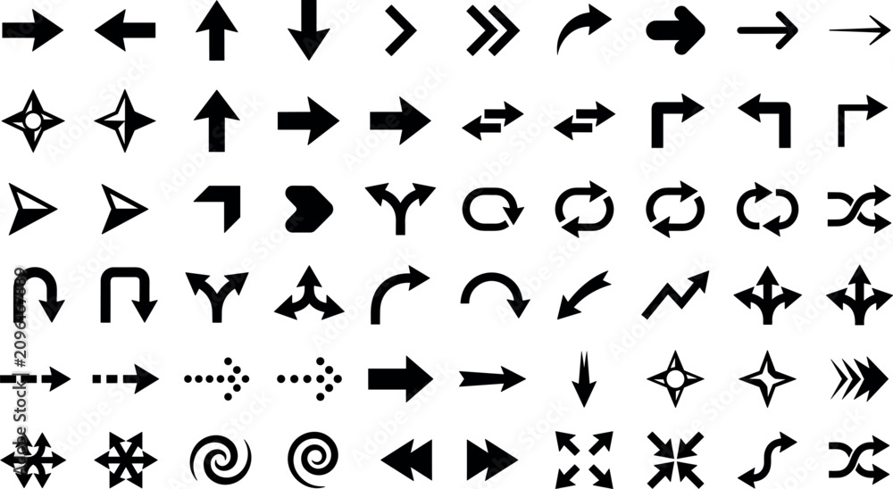 Fototapeta premium Minimalist black arrow sign collection with linear pointers cursors loops crossroads graphics for business presentation data presentation dashboard vector