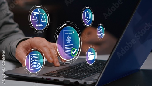 Digital check mark icons, standards verification, risk management and business certification process.