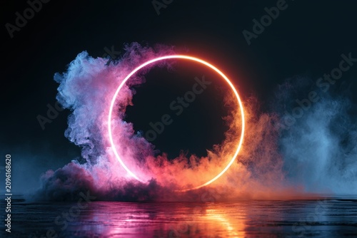 Glowing neon ring illuminating thick smoke on a reflective dark surface in a cinematic wide shot for futuristic event marketing