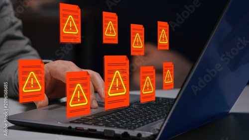 Data breach or information leak due to insider threats or unauthorized access. Confidential files and warning triangle icons.
