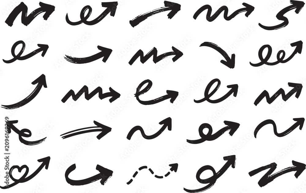 Fototapeta premium Hand Drawn Brush Arrow Collection – Curved Sketch Direction Arrows Vector Set
