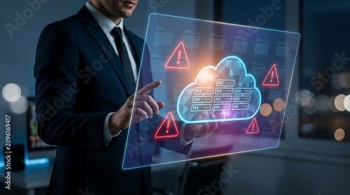 Fototapeta Cyber security expert working on cloud computing system alert issues in a modern high tech data center
