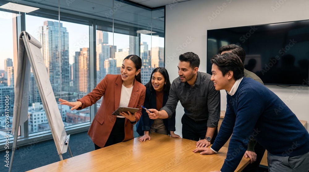 Fototapeta premium Young Asian businesswoman presenting project on whiteboard flipchart to creative startup team in modern office. Group of multiethnic corporate colleagues brainstorming ideas at meeting table
