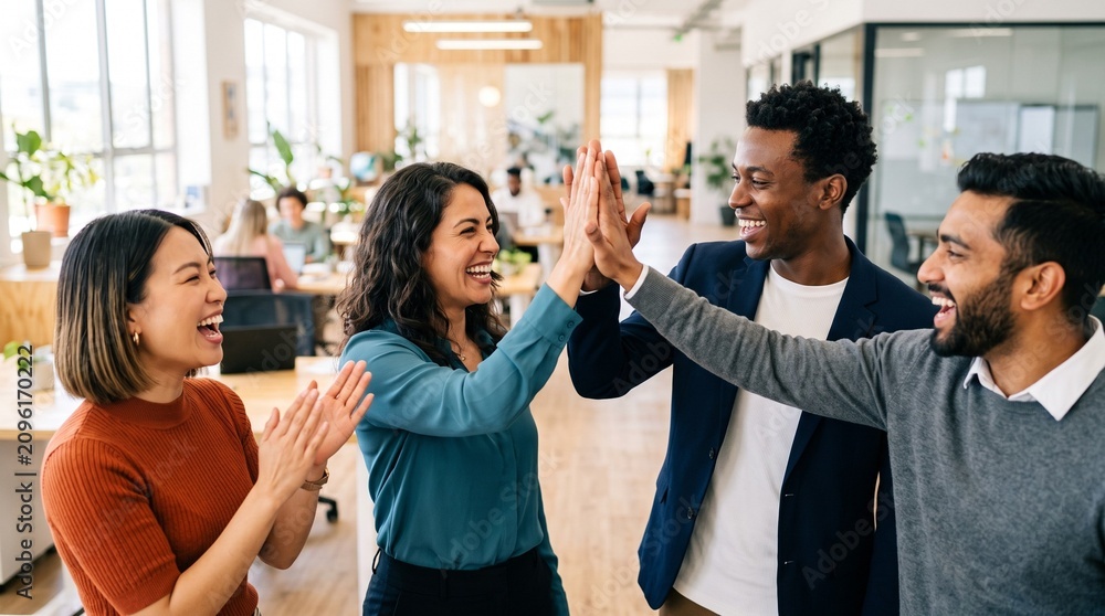 Fototapeta premium Joyful diverse creative team celebrating success with high five at modern bright open space office. Happy multiethnic corporate colleagues cheering, laughing, enjoying teamwork triumph.