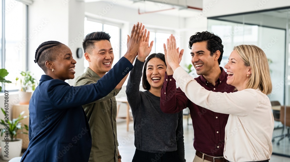 Obraz premium Successful diverse business team giving high five in modern office, corporate victory celebration, happy multiracial colleagues smiling, professional teamwork unity and financial growth concept