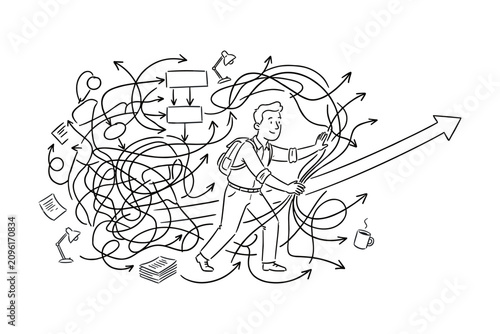 Man navigating through complex maze of arrows and challenges towards success