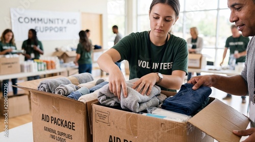 Volunteers packing clothing and essentials into aid packages for community charity support