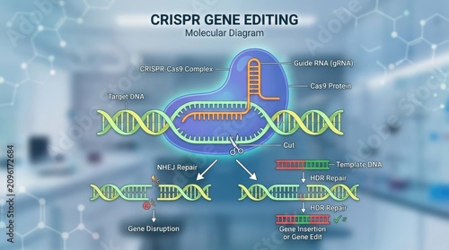 CRISPR-Cas9 complex illustrates precise genome editing, showing targeted DNA manipulation, molecular structure cleavage, and repair mechanism producing gene disruption or genetic insertion.