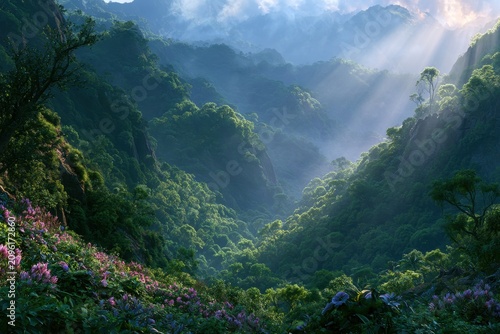 Tropical mountain valley with sunbeams piercing through mist in a lush rainforest wilderness cinematic wide shot for travel and nature marketing