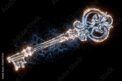 Ornate crystal key shimmering with golden light in a dark ethereal atmosphere for cybersecurity and business success marketing