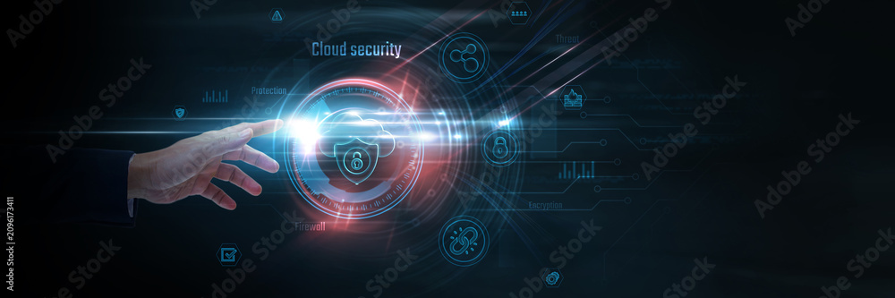 Obraz premium Touching Cloud Security and cybersecurity data, secure cloud infrastructure, threat protection, data privacy, access control, information security.