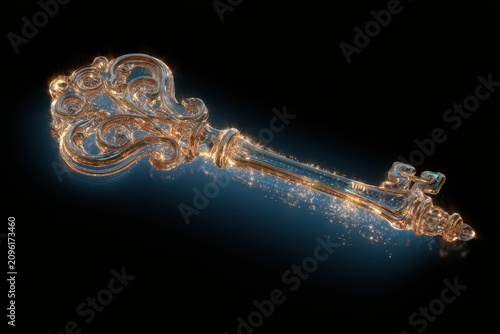 Ornate crystal key glowing with golden light on dark background in cinematic macro shot for luxury success branding