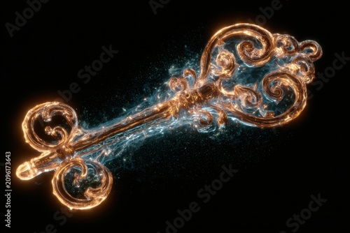 Ornate golden key glowing with blue energy particles on black background in a sharp focus macro shot for cybersecurity and fantasy gaming marketing