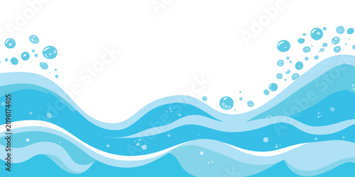 Stylized blue ocean waves with bubbles vector background. Abstract blue ocean wave splash background with flowing water curves vector design, sea wave background.